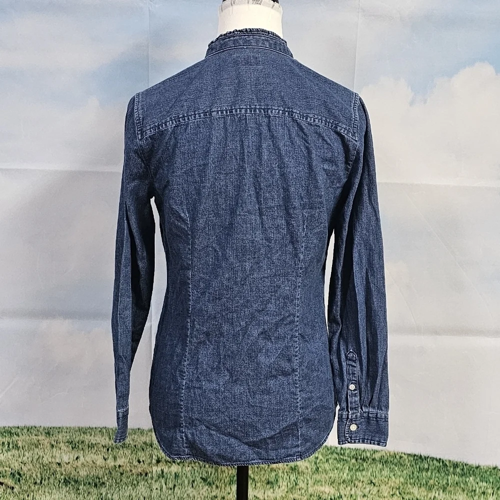 J. CREW | 100% COTTON DENIM RUFFLE NECK BUTTON DOWN BOYFRIEND SHIRT